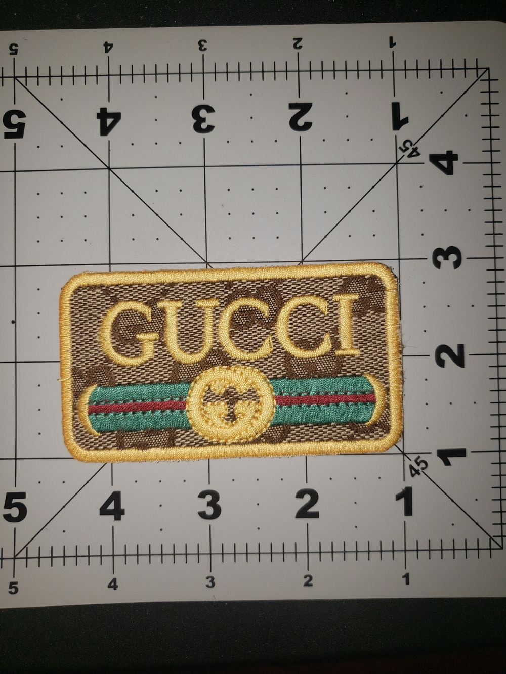 Gucci Brown & Gold Embroidered Logo Patch with Green-Red Stripe